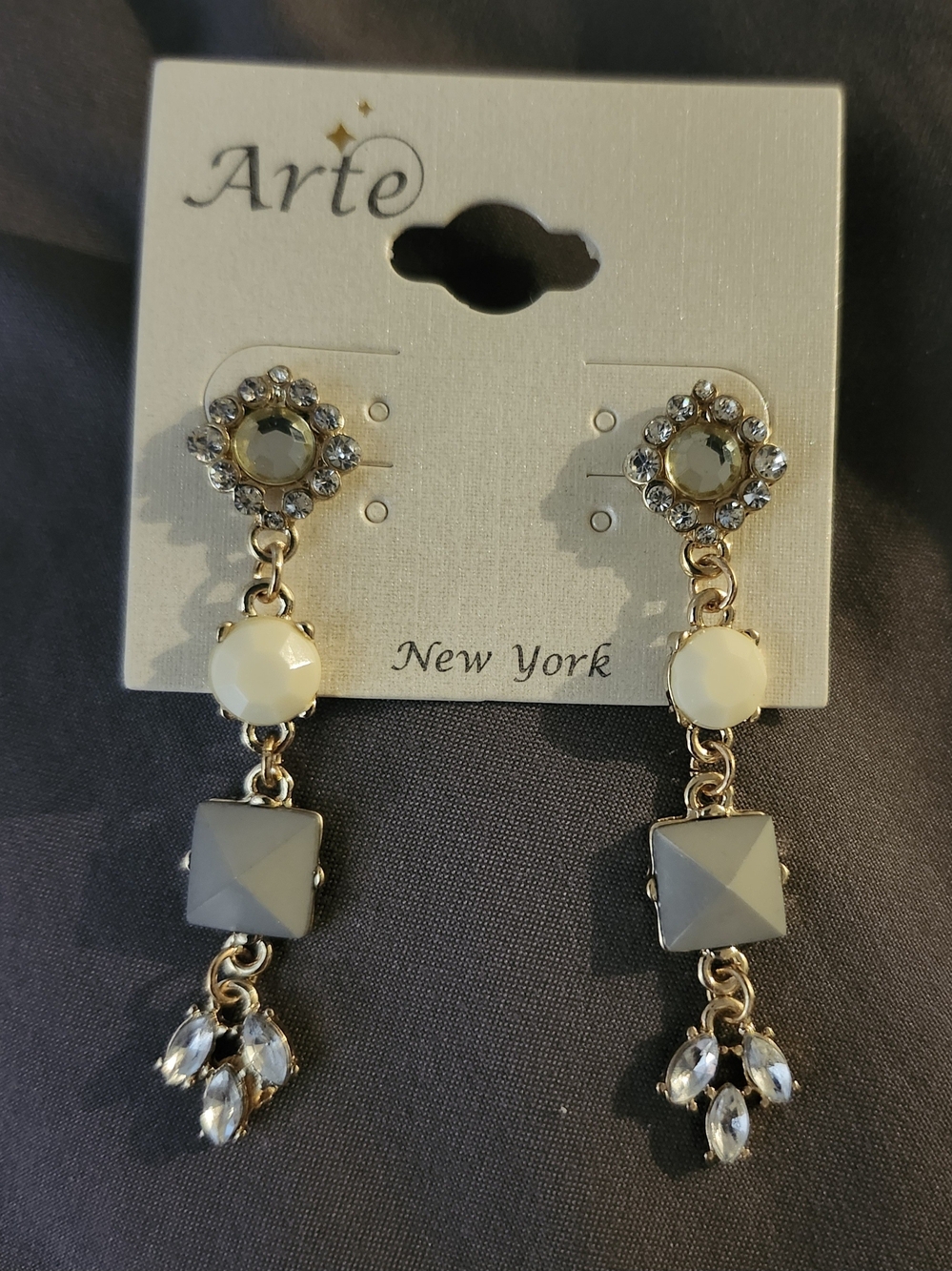 Cream and Gray Gold-Tone Dangle Earrings with Crystal Accents